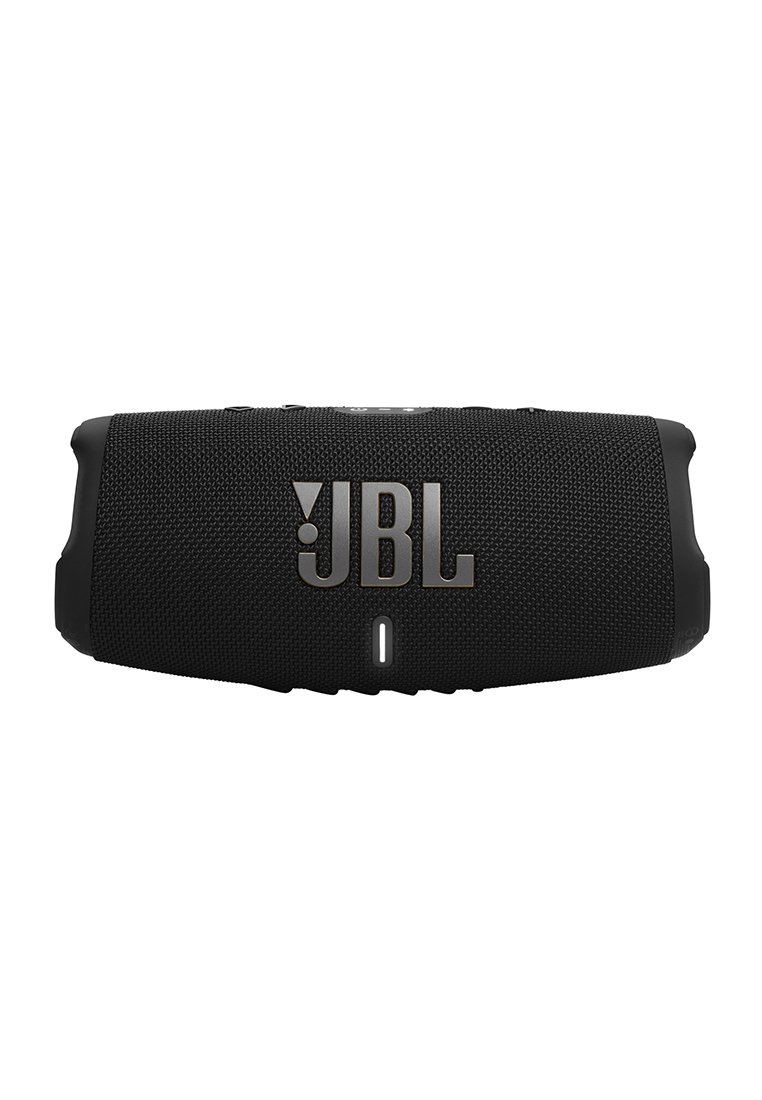 Schwarzer JBL tragbarer Bluetooth-Lautsprecher mit einem Gewebeüberzug und einer Stromanzeige in der Mitte der Vorderseite.