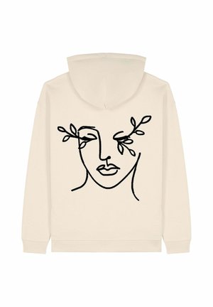 Hoodie beige con un design minimalista in linea nera raffigurante un volto con foglie vicino agli occhi. Tessuto morbido con una vestibilità comoda.