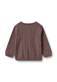 Brauner gestrickter Pullover mit strukturiertem Muster, langen Ärmeln und rundem Ausschnitt. Der Stoff hat eine glatte Oberfläche mit gerippten Bündchen.