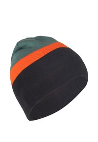 Knit beanie in green, orange, and black. Features horizontal stripes and a soft texture. Rounded top with a snug fit at the base.