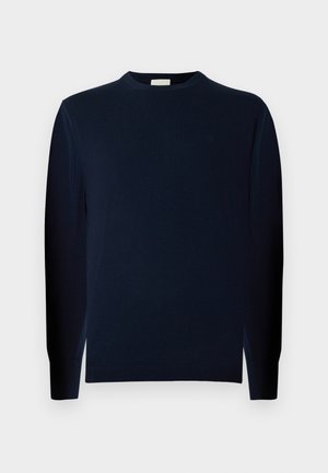 Navyblauwe trui met lange mouwen, gemaakt van zachte, gladde stof, met een ronde halslijn en aansluitende manchetten. Minimalistisch ontwerp, zonder patronen.