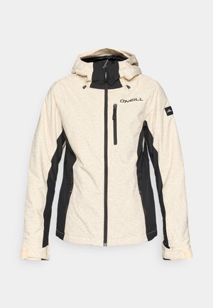 Veste crème et noire avec un motif texturé, fermeture éclair à l'avant et capuche réglable. Comprend trois poches zippées et des poignets renforcés.