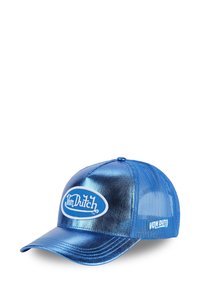 Blue metallic baseball cap with mesh back, featuring a white oval logo and text "Von Dutch" on the front. Curved brim design.