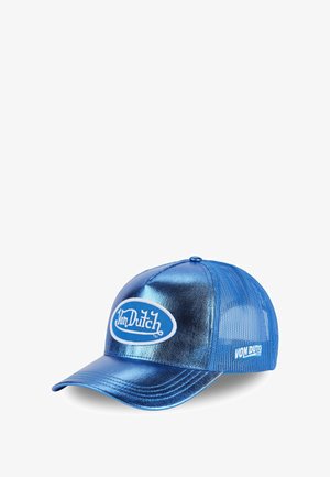 Blue metallic baseball cap with mesh back, featuring a white oval logo and text "Von Dutch" on the front. Curved brim design.