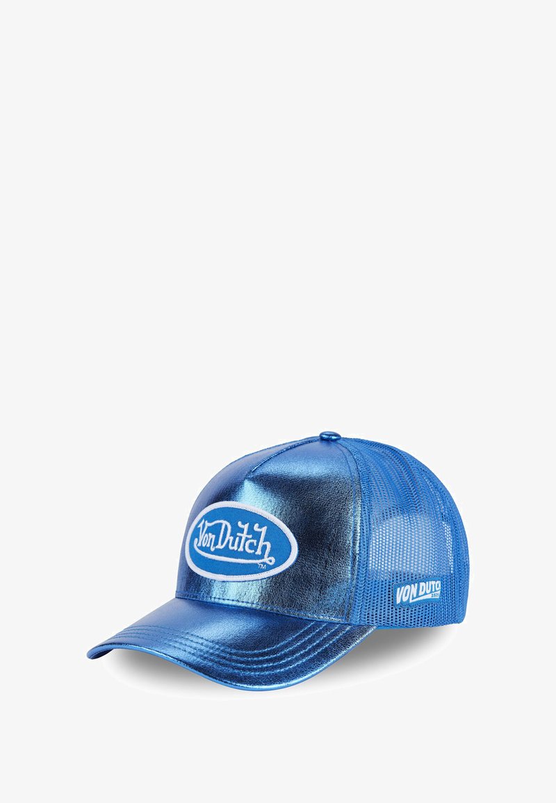 Blue metallic baseball cap with mesh back, featuring a white oval logo and text "Von Dutch" on the front. Curved brim design.