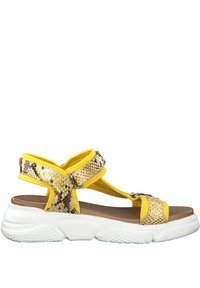 Yellow and snake-print sandal with a chunky white sole, featuring adjustable straps and a textured upper for enhanced grip and comfort.