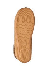 Bruine suède slipperzool met een rubberen loopzool met textuurpatronen in de vorm van golven. De maatindicator 37 is zichtbaar op de onderkant.