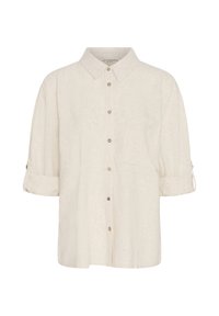 Cămașă bej din in, cu nasturi și guler, mâneci 3/4 suflecate și fixate cu clape cu nasturi, și un buzunar frontal la piept.