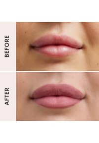 Before and after close-up of lips, showing natural lips and lips with matte mauve-pink lipstick applied.
