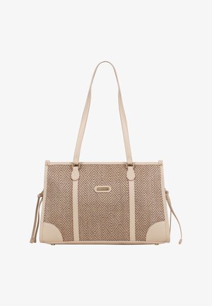 Beige totebag met lange hengsels, geometrisch geweven patroon, leren rand, zijkanten met strikjes en een klein, rechthoekig merkschildje in het midden.