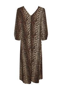 Abito alla lunghezza del ginocchio in stampa leopardata con scollatura a V, maniche a tre quarti con volume e vestibilità comoda. Realizzato in tessuto leggero e morbido.