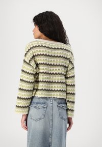 Heklet genser med grønne, kremfargede og brune striper; lange ermer; strukturert stoff; kort lengde. Brukt med en denimskjørt, vist fra bak. 