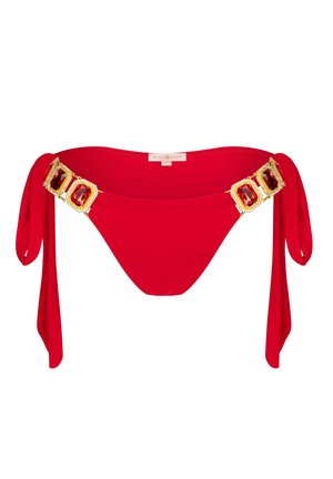 Red bikini bottom featuring a wide waistband with three large red gemstones and golden accents, secured with ties on both sides.
