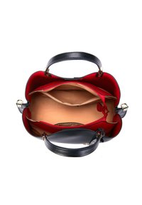 Zwarte leren handtas met rode voering, twee hoofdcompartimenten en één ritsvak. Beschikt over korte hengsels en metalen hardware accenten.