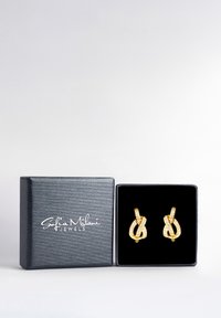 Orecchini oro con anelli intrecciati, caratterizzati da accenti trasparenti e scintillanti. Presentati in una elegante scatola nera con finitura texturizzata.