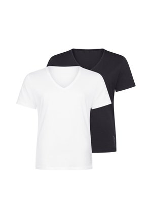 Zwei schlichte V-Ausschnitt T-Shirts, eines vorne weiß und eines hinten schwarz, beide mit kurzen Ärmeln auf weißem Hintergrund.