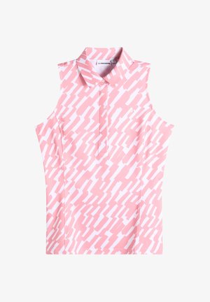 Mouwloos roze-wit poloshirt met een geometrisch zigzagpatroon en een kleine kraag met knoopjes.