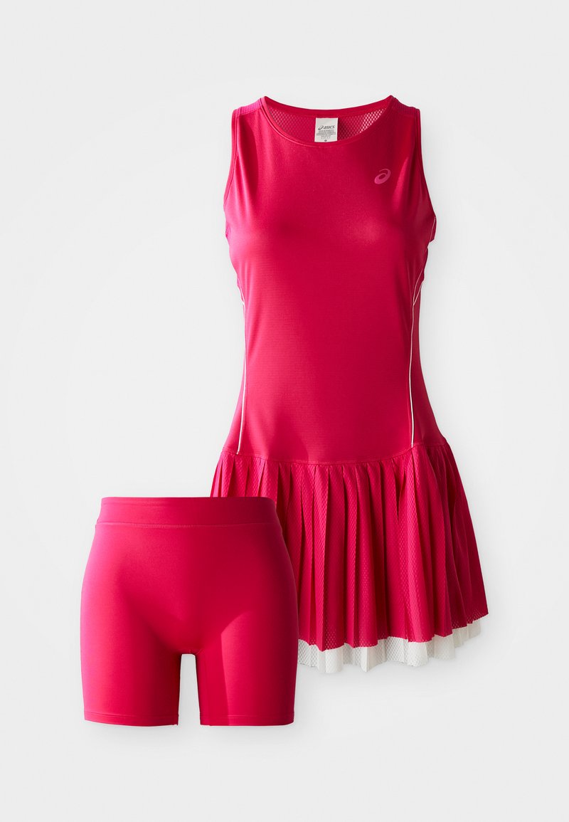 Rosa Sportkleid mit angenähtem, plissiertem Rock und passender Shorts. Hergestellt aus leichtem, atmungsaktivem Material. Mit kontrastierenden Besätzen.