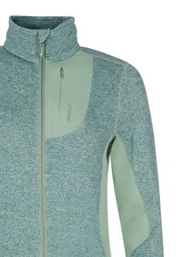 Giacca in pile di colore teal con colletto alto, chiusura a zip frontale e tasca laterale. Presenta un pannello contrastante di un verde chiaro e una texture liscia.