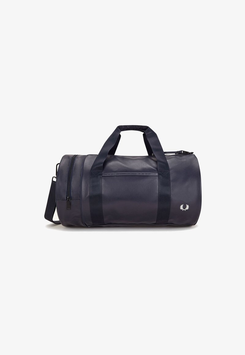 Borsa da viaggio navy in materiale lucido, con due manici, una tracolla regolabile e una tasca con zip. Decorata con logo.