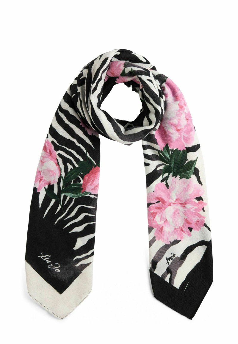 Écharpe en soie avec un motif zèbre à rayures noires et blanches, ornée de pivoines roses et de feuilles vertes. Comprend une pointe triangulaire.