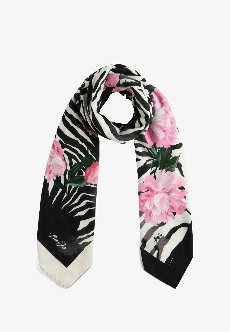Écharpe en soie avec un motif zèbre à rayures noires et blanches, ornée de pivoines roses et de feuilles vertes. Comprend une pointe triangulaire.