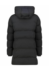 Schwarze Steppjacke mit Kapuze, ausgestattet mit einem gepolsterten Design, dicker Füllung und einem geraden Schnitt mit elastischen Bündchen für eine enge Passform.