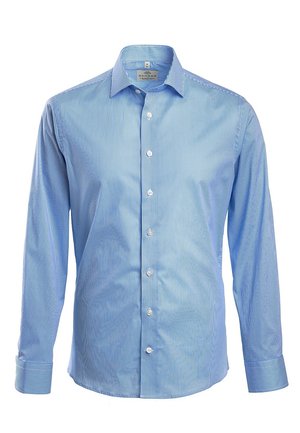 Lichtblauw overhemd met verticale witte strepen, lange mouwen, button-down kraag en knoopsluiting aan de voorkant, gemaakt van een gladde stof.