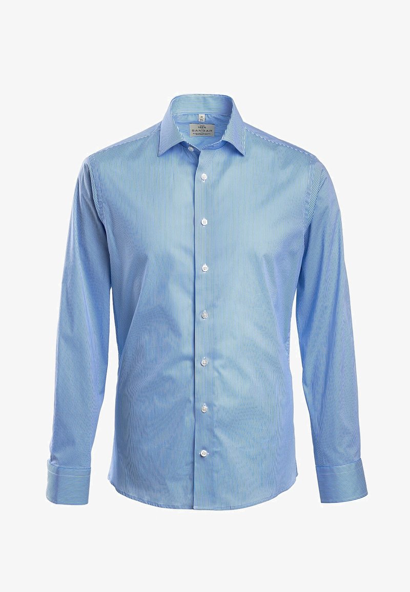 Heleheline triibuline särk, pikkade varrukatega, nööpidega kaelus ja nööpidega esiosa, valmistatud siledast kangast.