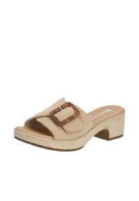 Beige suede slide sandals with a textured wedge heel, featuring a prominent rectangular buckle accent in brown. Smooth inner lining.