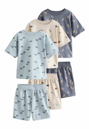 Tri sady detských pyžám s krátkym rukávom v modrej, béžovej a sivej farbe, každé s iným celoplošným motívom dinosaurov.