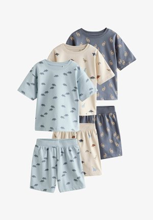 Három szett gyerek rövid ujjú pizsama kék, bézs és szürke színben, mindegyiken eltérő dinoszaurusz minták találhatók.