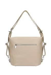 Beige leren handtas met een gestructureerde afwerking, twee schouderbanden en een voorkant met ritszak. Strakke, rechthoekige vormgeving met zilveren hardware.