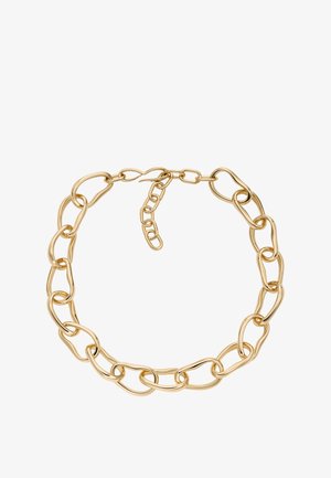 Collar de cadena de oro con enlaces ovalados alargados que presentan una mezcla de texturas suaves y ligeramente retorcidas; cierre ajustable con eslabones adicionales.