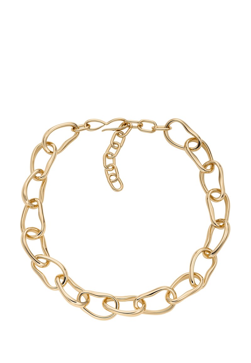 Collana in oro con maglie ovali allungate, con una combinazione di texture lisce e leggermente intrecciate; chiusura regolabile con ulteriori maglie.