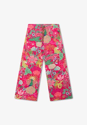 Levendige, met bloemenpatroon bedekte broek met een roze basis, voorzien van verschillende kleuren en vormen van bloemen en dieren. Elastische tailleband met trekkoord.