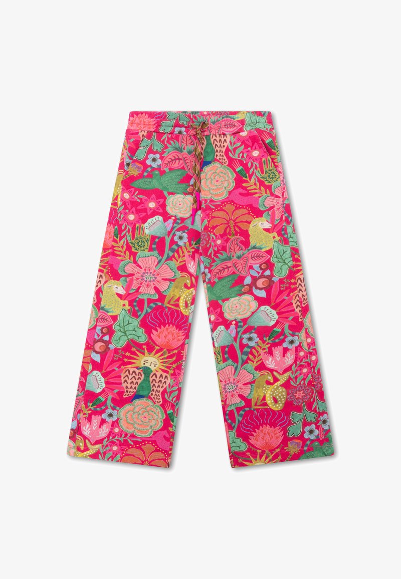Levendige, met bloemenpatroon bedekte broek met een roze basis, voorzien van verschillende kleuren en vormen van bloemen en dieren. Elastische tailleband met trekkoord.