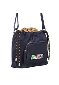 Borsa in nylon blu navy con cima a cordoncino, tasca con zip dorata e logo "WITTCHEN" multicolore. Presenta manici testurizzati neri e arancioni.
