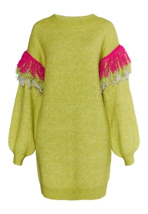 Maglione lavorato a maglia verde lime con tessuto testurizzato. Presenta maniche oversize e frange rosa e grigie sugli orli. Collo rotondo.