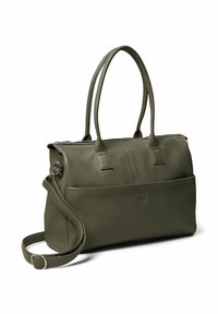 Olive roheline nahk käekott kahe sangaga, eemaldatava õlapaelaga ja esikotiga. Lukk sulgemine ja tekstureeritud pind.