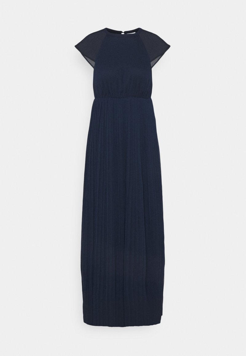Robe longue bleu marine avec manches courtes en tissu transparent, taille ajustée et jupe plissée, conçue pour une tenue formelle ou de soirée.