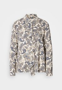 Patterned blouse featuring paisley design in navy, beige, and light blue, made from lightweight fabric with a hidden button closure and collar.