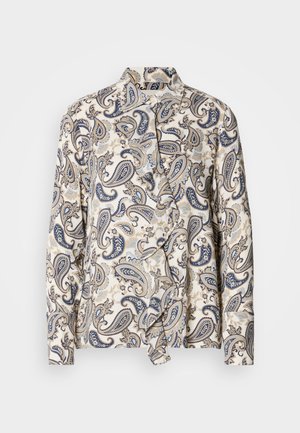 Uzzīmēts blūze ar paisley rakstu, kas izgatavota tumši zilos, bēšo un gaiši zilos toņos, no viegla auduma ar slēptu pogu aizdari un apkakli.