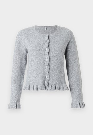 Gray knitted cardigan with long sleeves, round neckline, ruffled button placket, and ruffled cuffs and hem. Soft texture and fitted design.