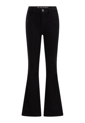 Schwarze High-Waist Flared Jeans mit Fronttaschen, Gürtelschlaufen, Knopfverschluss und Logo auf dem inneren Bund.