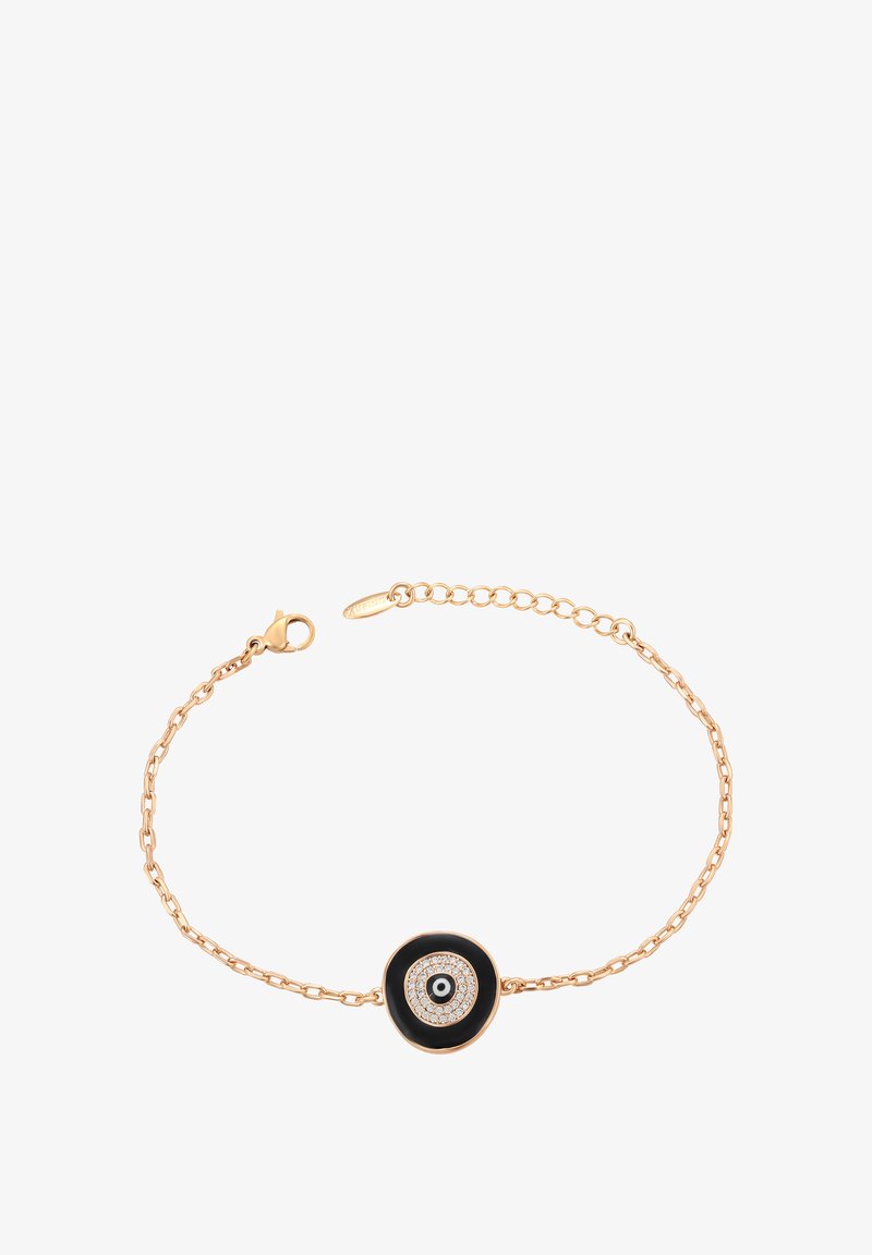 Bracciale in metallo dorato con un pendente circolare in smalto nero, caratterizzato da un design di pietre trasparenti concentriche al centro, e chiusura a moschettone.