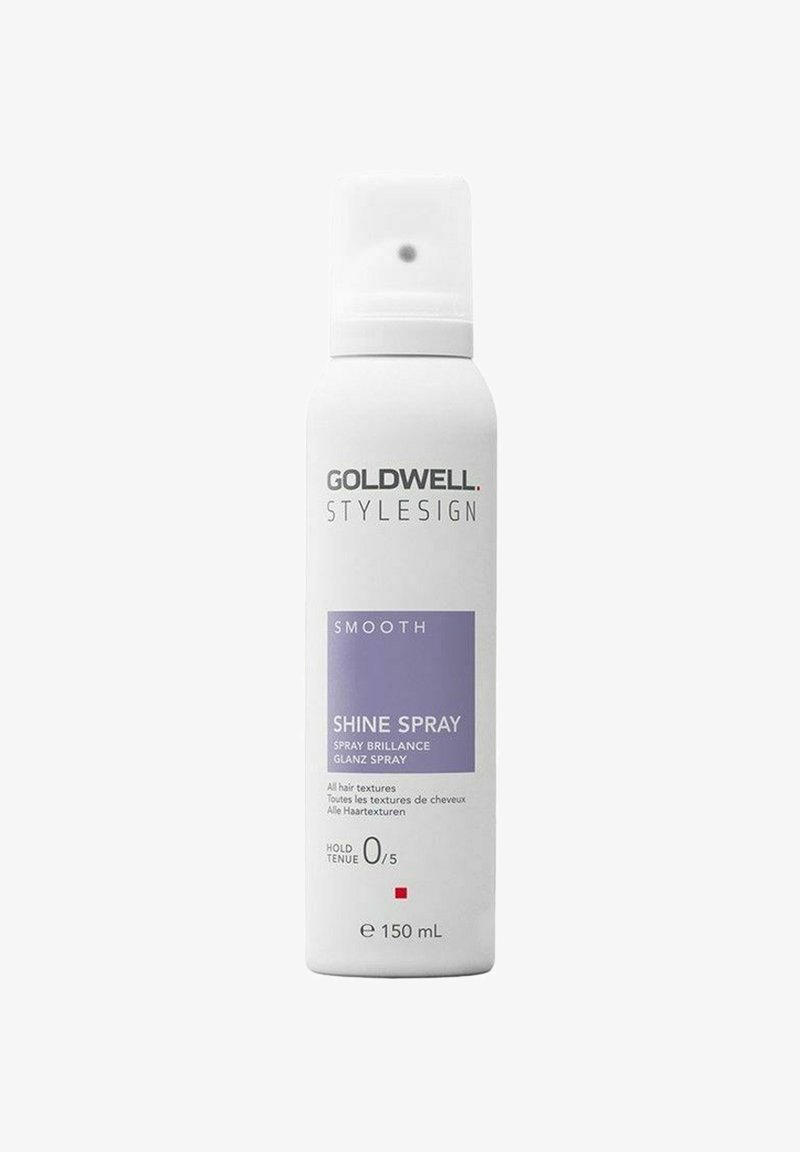 Goldwell Stylesign Shine Spray in einer weißen zylindrischen Flasche mit einem lila Etikett, 150 ml, verfügt über einen Sprühkopf und rote Akzentdetails.