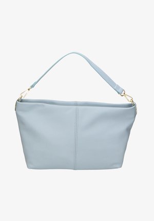 Lichtblauwe leren handtas met een gladde textuur, bovenste naadafwerking, en een enkele strap met vergulde hardware. Ruimtelijk ontwerp.