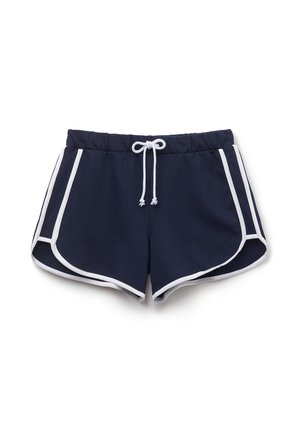 Námořnické sportovní šortky vyrobené z měkkého materiálu, s bílými bočními pruhy a elastickým pasem se šňůrkou.