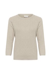 Maglione a coste beige, con scollatura tonda e maniche tre quarti. Texture liscia con silhouette aderente.